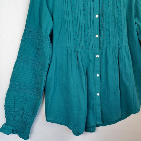Sundance Teal Blue Cotton Pintuck Lace Ruffle Neck Blouse Small - Picture 8 of 10